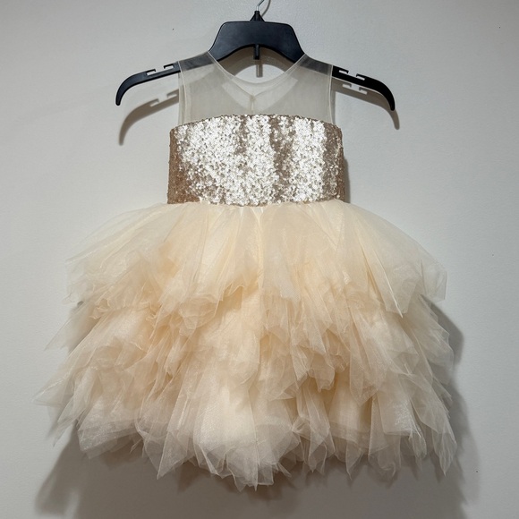 Monbebe Lagos Other - Monbebe Lagos Girl Gold Sequin Tulle Dress 4 Puffy Princess Flower Girl Birthday